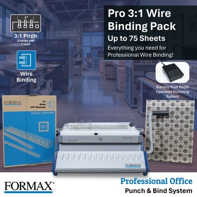 Formax Pro 3:1 Wire Bind Pack with Electric Punch, Punch Die, Manual Wire Binder, and Pack of 100 3/8 Black ReadyWire Spines