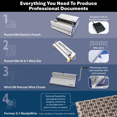 Formax Pro 3:1 Wire Bind Pack with Electric Punch, Punch Die, Manual Wire Binder, and Pack of 100 3/8" Black ReadyWire Spines