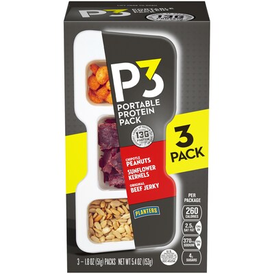P3 Portable Protein Pack Chipotle Peanuts, Original Beef Jerky, and Sunflower Kernels, 3/Pack (GEN02029)