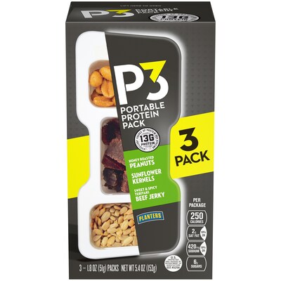 P3 Portable Protein Honey Roasted Peanuts, Sweet & Spicy Teriyaki Jerky, and Sunflower Kernelss, 3/Pack (GEN02034)