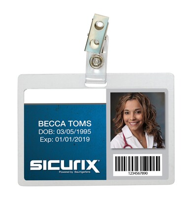 Sicurix Self-Laminating Badge Holder Horizontal Clip, 3-1/2" x 2-1/4", Clear (BAU62916)