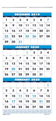 2020 House of Doolittle, 12.25 x 26, Three-Month Vertical Wall Calendar, Blue (HOD3640)
