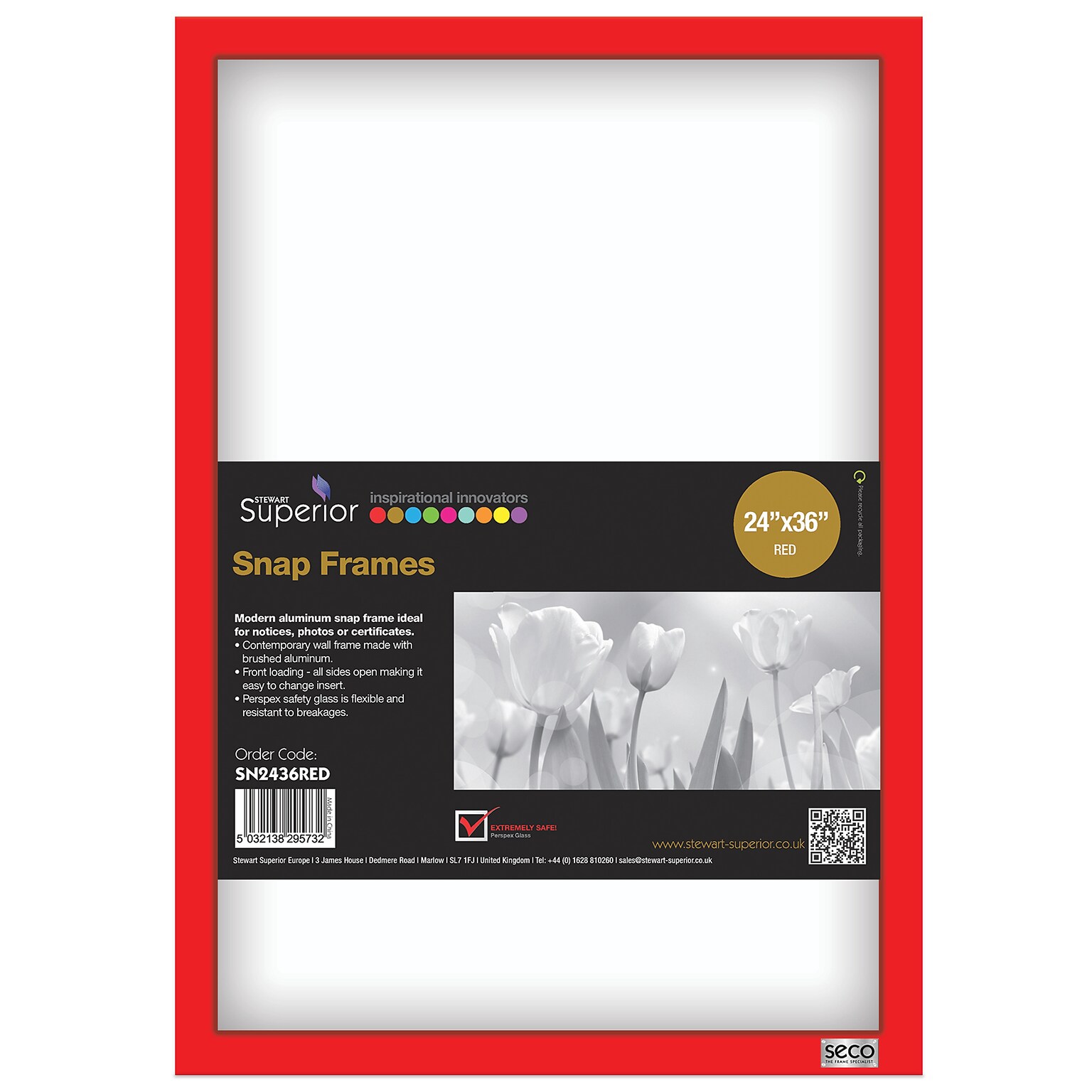 Seco Snap Frame Poster Holder, 24 x 36, Red Aluminum (SN2436)