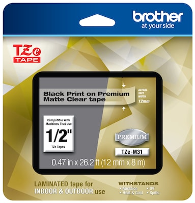 Brother P-touch TZe-M31 Laminated Premium Label Maker Tape, 1/2 x 26-2/10, Black on Matte Clear (T