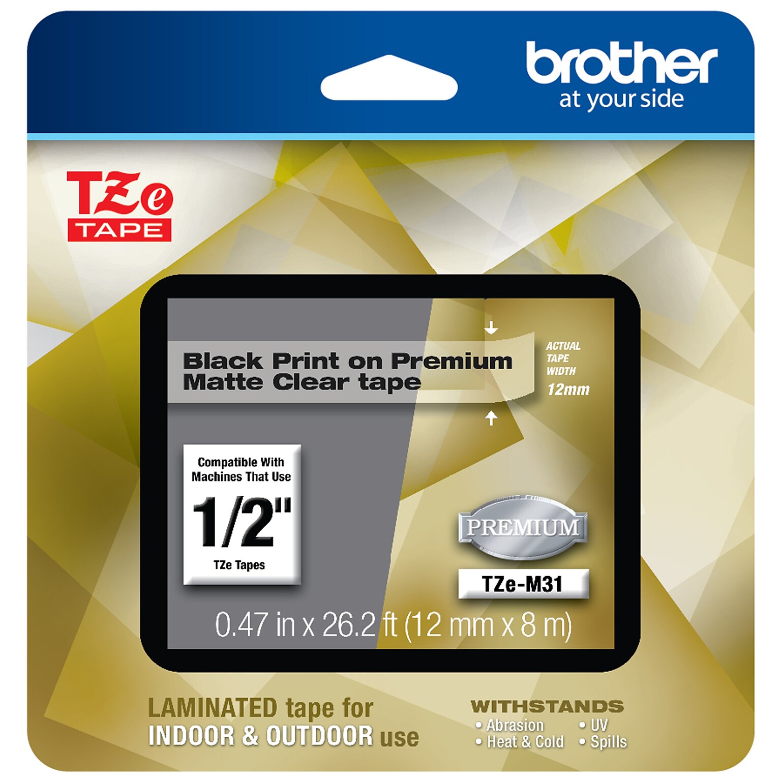 Brother P-touch TZe-M31 Laminated Premium Label Maker Tape, 1/2 x 26-2/10, Black on Matte Clear (TZe-M31)