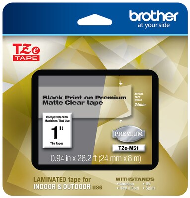 Brother P-touch TZe-M51 Laminated Premium Label Maker Tape, 1 x 26-2/10, Black on Matte Clear (TZe-M51)