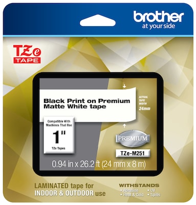 Brother P-touch TZe-M251 Laminated Premium Label Maker Tape, 1 x 26-2/10, Black on Matte White (TZ