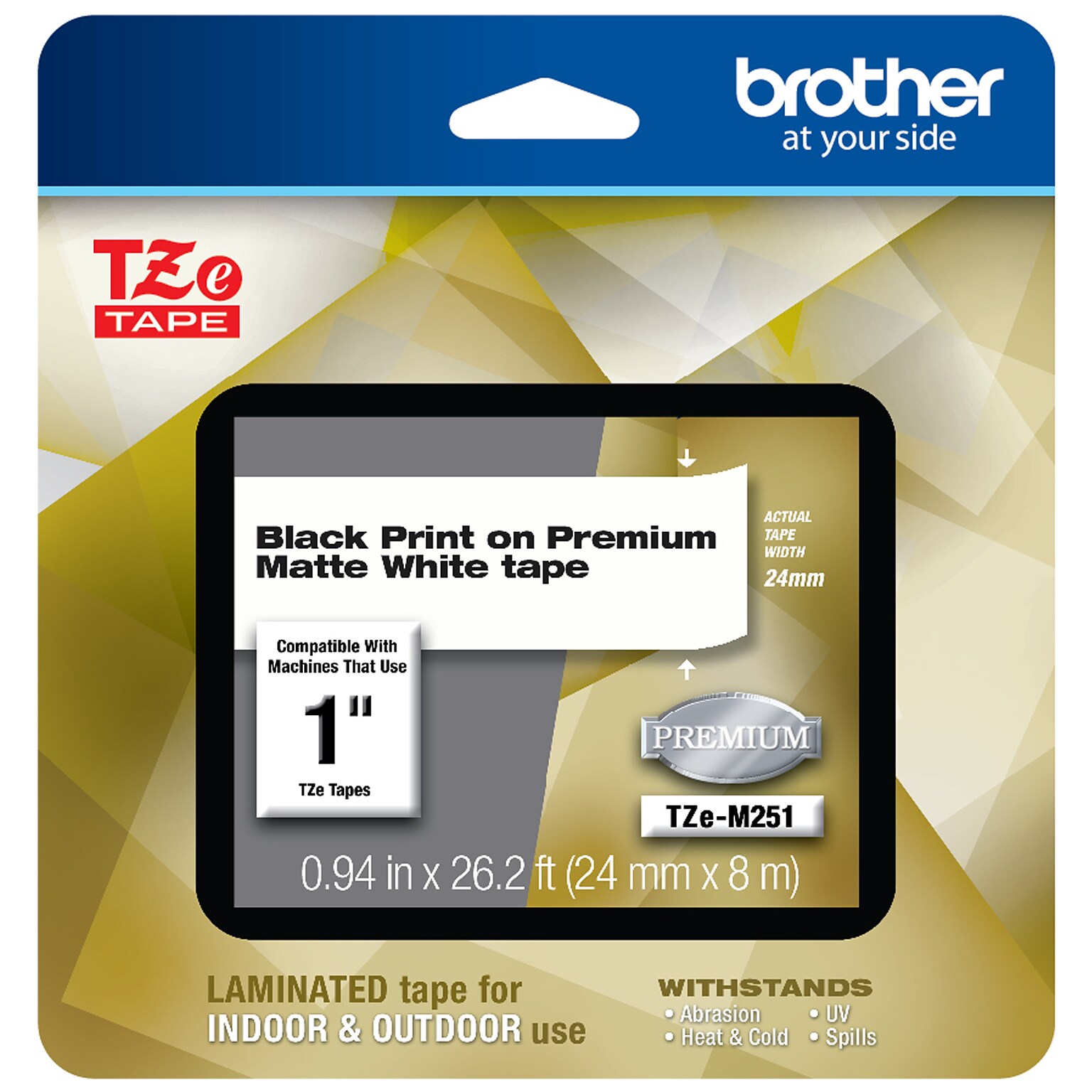 Brother P-touch TZe-M251 Laminated Premium Label Maker Tape, 1 x 26-2/10, Black on Matte White (TZe-M251)
