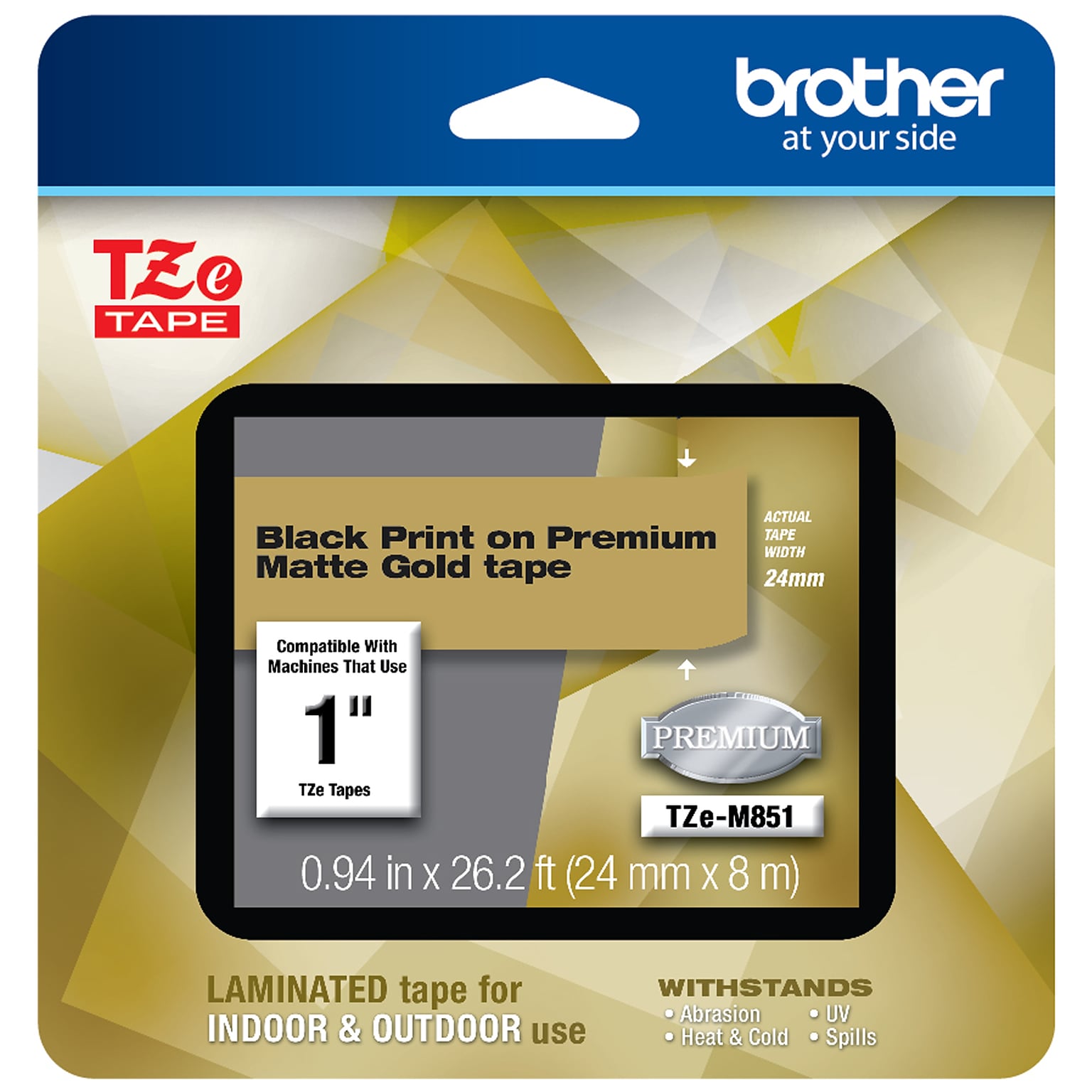 Brother P-touch TZe-M851 Laminated Premium Label Maker Tape, 1 x 26-2/10, Black on Matte Gold (TZe-M851)