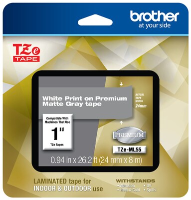 Brother P-touch Laminated Tape, 1, White on Premium Matte Gray (TZe-ML55)