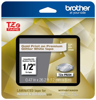 Brother P-touch TZe-PR234 Laminated Premium Label Maker Tape, 1/2 x 26-2/10, Gold on Glitter White (TZe-PR234)