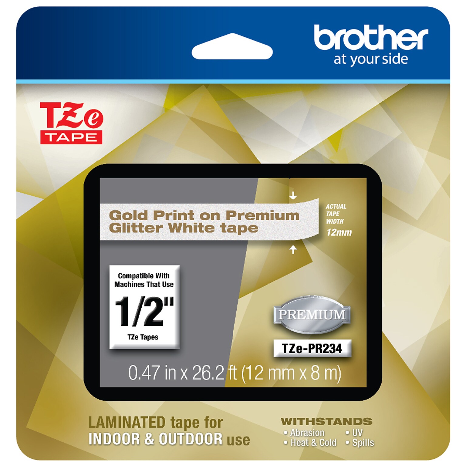 Brother P-touch Laminated Tape, 1/2, Gold Print on Premium Glitter White (TZe-PR234)