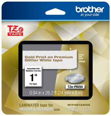 Brother P-touch Laminated Tape, 1, Gold Print on Premium Glitter White (TZe-PR254)