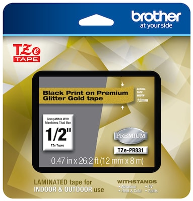Brother P-touch TZe-PR831 Laminated Tape, 1/2, Black Print on Premium Glitter Gold