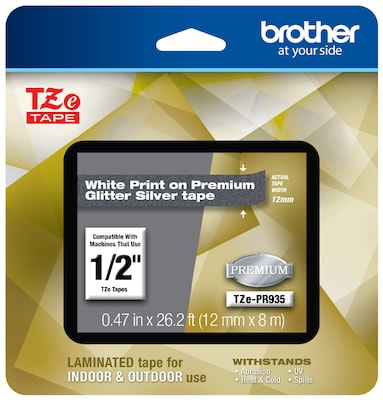 Brother P-touch TZe-PR935 Laminated Premium Label Maker Tape, 1/2 x 26-2/10, White on Glitter Silv