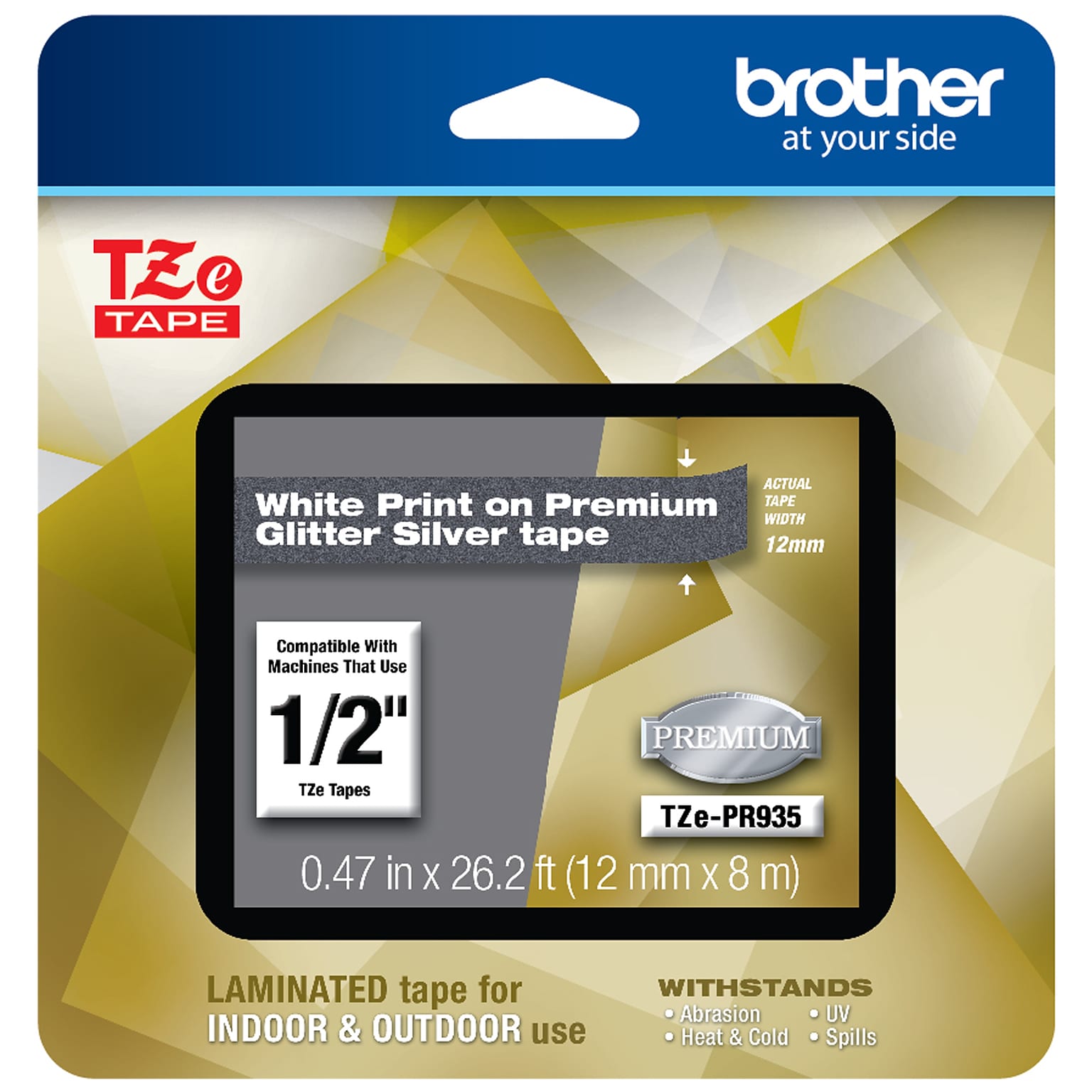 Brother P-touch TZe-PR935 Laminated Premium Label Maker Tape, 1/2 x 26-2/10, White on Glitter Silver (TZe-PR935)