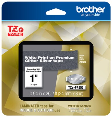 Brother P-touch Laminated Tape, 1, White Print on Premium Glitter Silver (TZe-PR955)