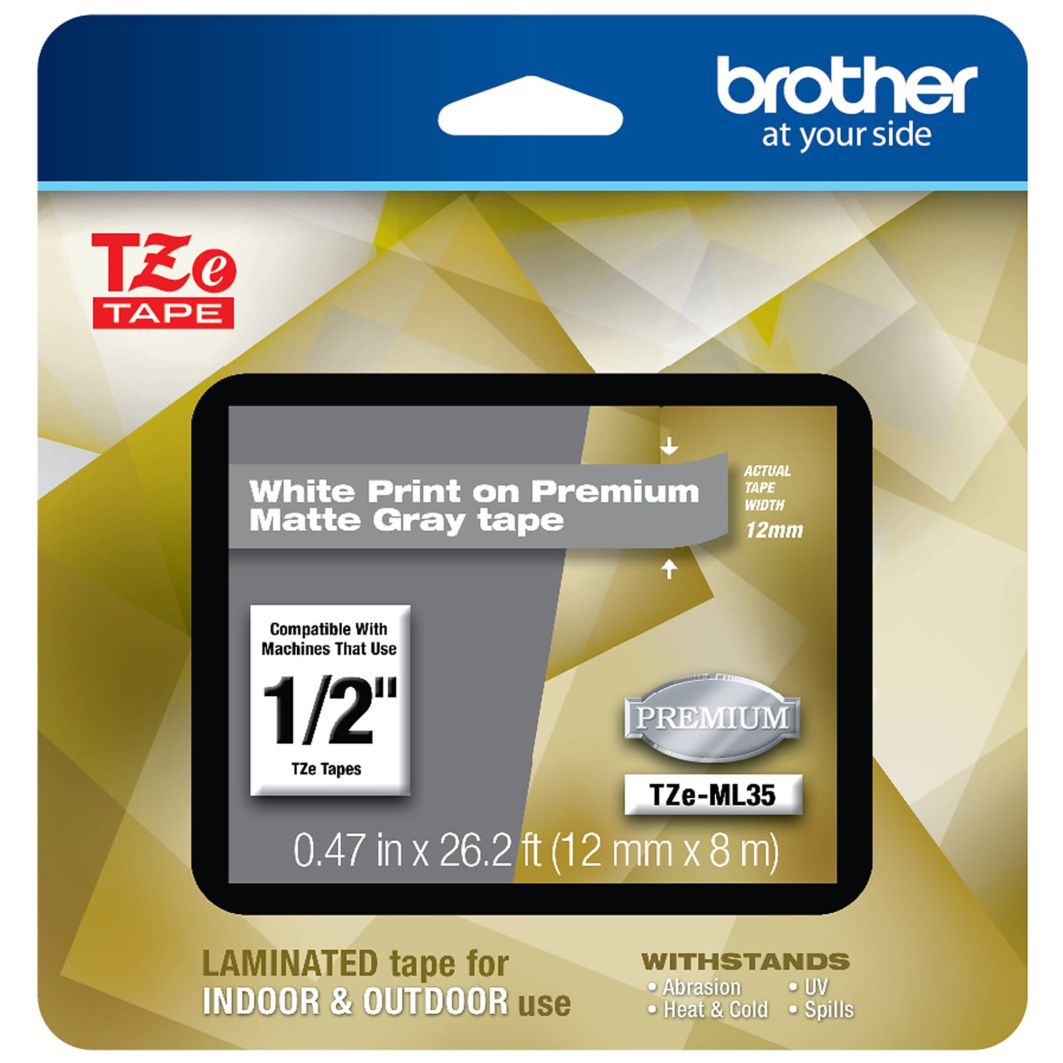 Brother P-touch TZe-ML35 Laminated Premium Label Maker Tape, 1/2 x 26-2/10, White on Matte Gray (TZe-ML35)