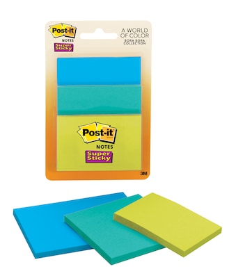 Post-it® Super Sticky Notes 3432-SSAU, Combo Pack Sizes Bora Bora Collection, 3 Pads/Pack, 45 Sheets/Pad