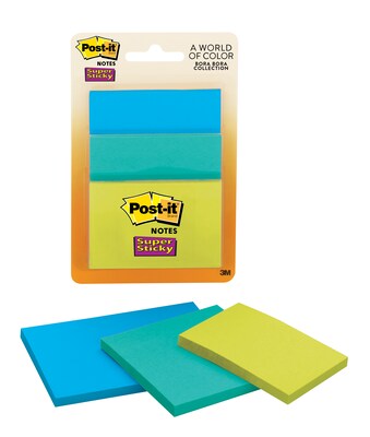 Post-it® Super Sticky Notes 3432-SSAU, Combo Pack Sizes Bora Bora Collection, 3 Pads/Pack, 45 Sheets/Pad