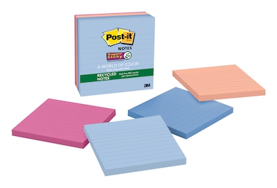 Post-it® Recycled Super Sticky Notes, 4 x 4, Bali Collection, Lined, 4 Pads/Pack