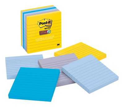 Post-it® Super Sticky Notes, 4 x 4, New York Color Collection, Lined, 90 Sheets/Pad, 6 Pads/Pack (675-6SSNY)