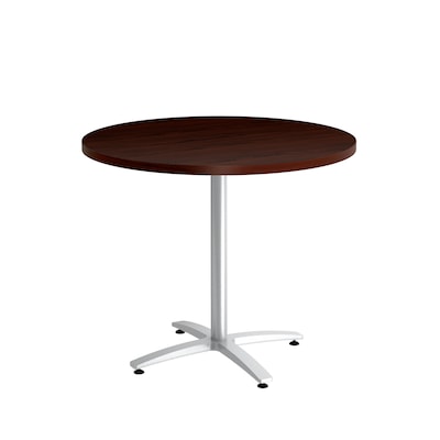 Union & Scale Workplace2.0™ Multipurpose 36 Round Mahogany Laminate Seated Height Silver Base Table