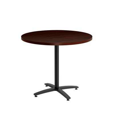 Union & Scale Workplace2.0™ Multipurpose 36 Round Mahogany Laminate Seated Height Black Base Table