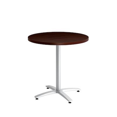 Union & Scale Workplace2.0™ Multipurpose 30 Round Mahogany Laminate Seated Height Silver Base Table