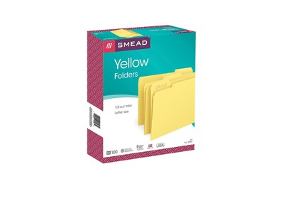 Smead File Folder, 1/3-Cut Tab, Letter Size, Yellow, 100/Box (12943)
