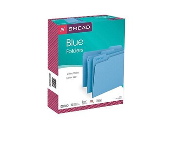 Smead File Folder, 1/3-Cut Tab, Letter Size, Blue, 100/Box (12043)