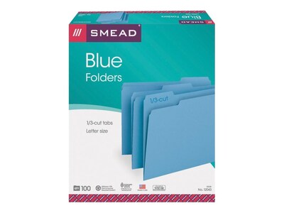 Smead File Folder, 1/3-Cut Tab, Letter Size, Blue, 100/Box (12043)
