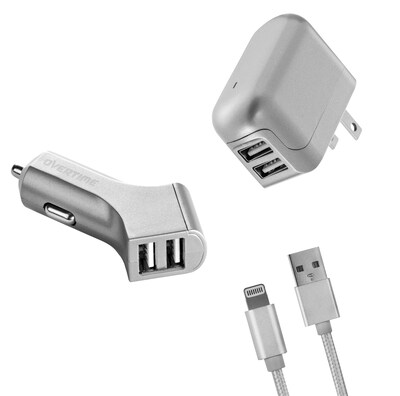 Overtime Lighting USB Charging Kit (3-Piece Set) 2.4 Amp Dual USB Car and Home Charger, Plus 6 ft. Braided Cable