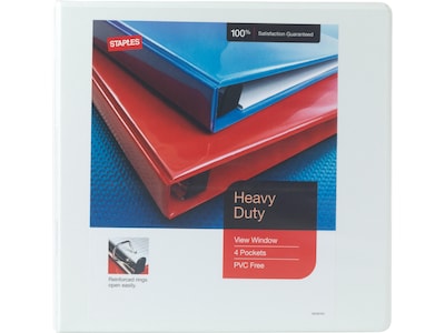 Staples Heavy Duty 3" 3-Ring View Binder with D-Rings and Four Interior Pockets, White (24693)