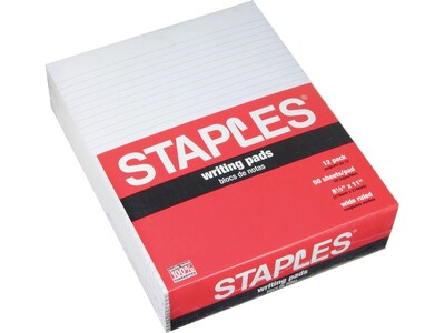 Staples Glue-Top Notepads, 8.5 x 11, Wide Ruled, White, 50 Sheets/Pad, Dozen Pads/Pack (ST57334)