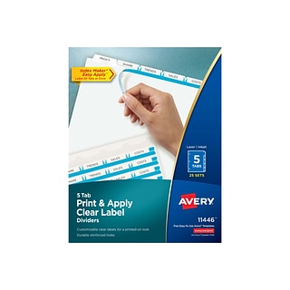 Avery Index Maker Print & Apply Label Dividers, 5-Tab, White, 25 Sets/Box (11446)