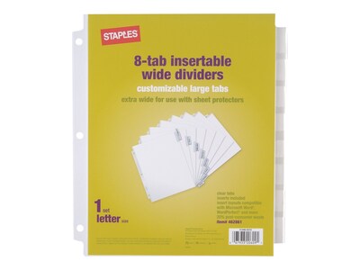Staples Large Tabs Extra Wide Insertable Paper Dividers, 8-Tab, White (13495/11223)