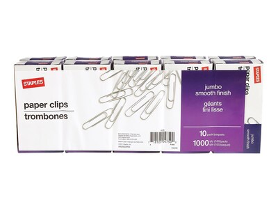 Staples Smooth Paper Clips, Jumbo, 100/Box, 100 Boxes/Carton (72578CT)