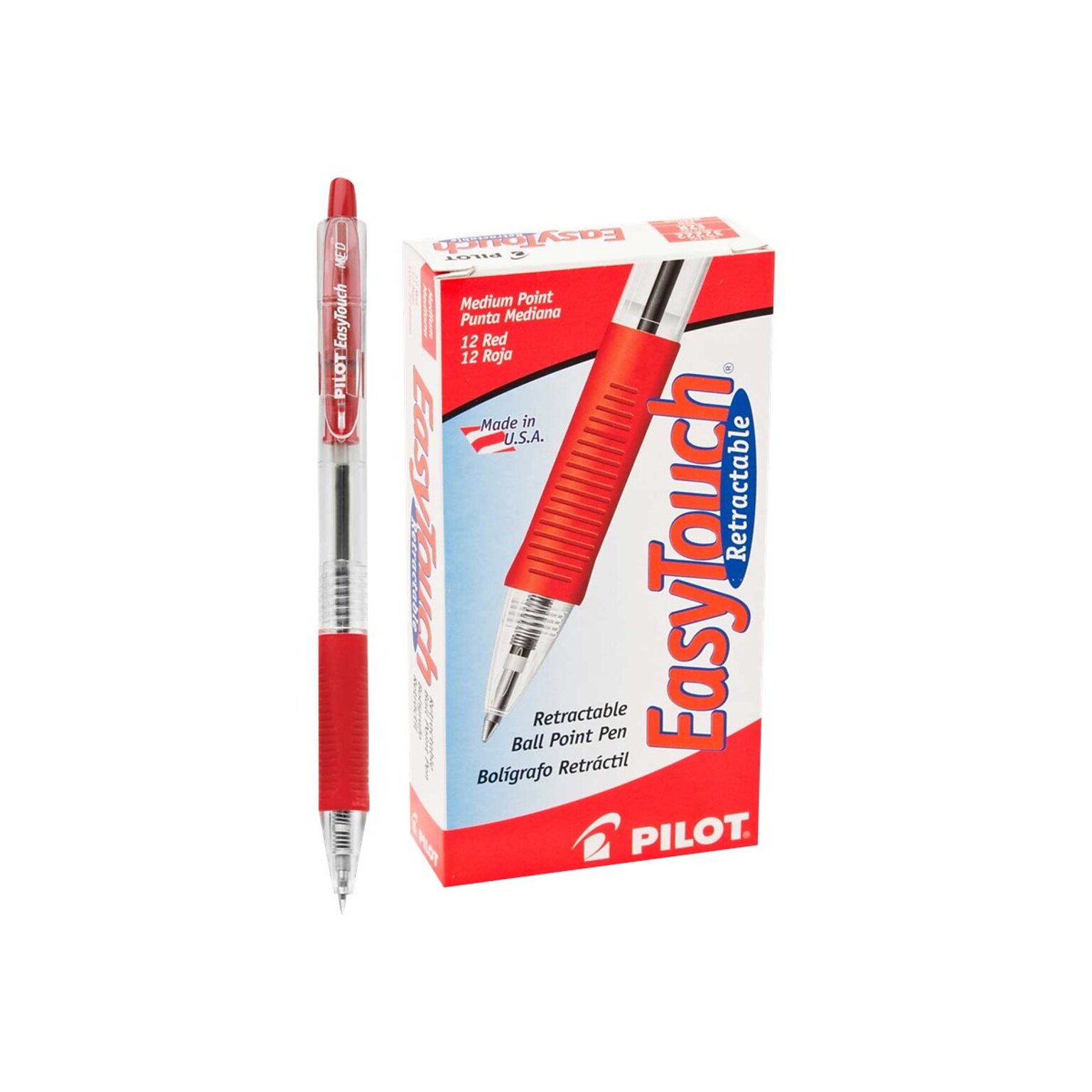 Pilot EasyTouch Retractable Ballpoint Pens, Medium Point, Red Ink, Dozen (32222)