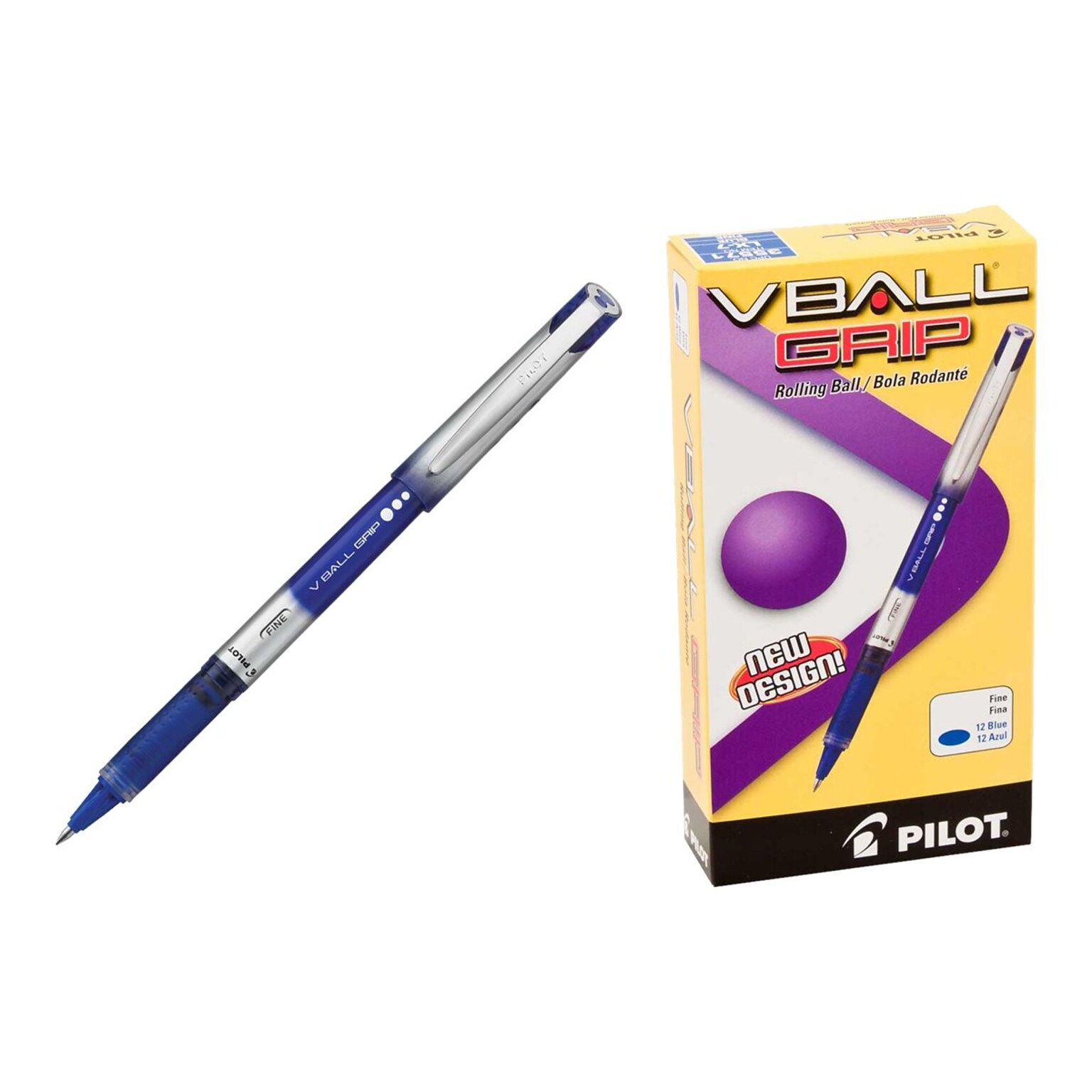 Pilot VBall Grip Rollerball Pens, Fine Point, Blue Ink, Dozen (35571)