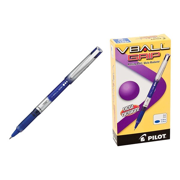 Pilot VBall Grip Rollerball Pens, Fine Point, Blue Ink, Dozen