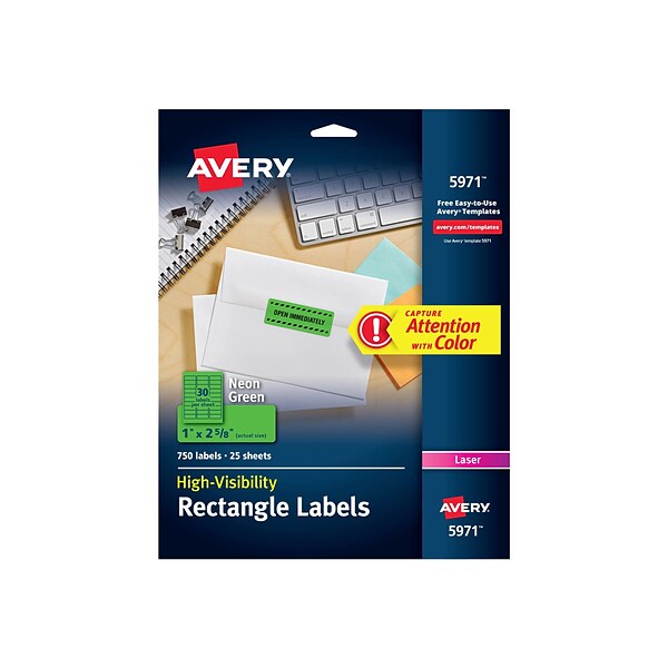 Avery Laser Address Labels, 1 x 2 5/8, Neon Green, 30 Labels/Sheet, 25 Sheets/Pack, 750 Labels/Pack (5971)