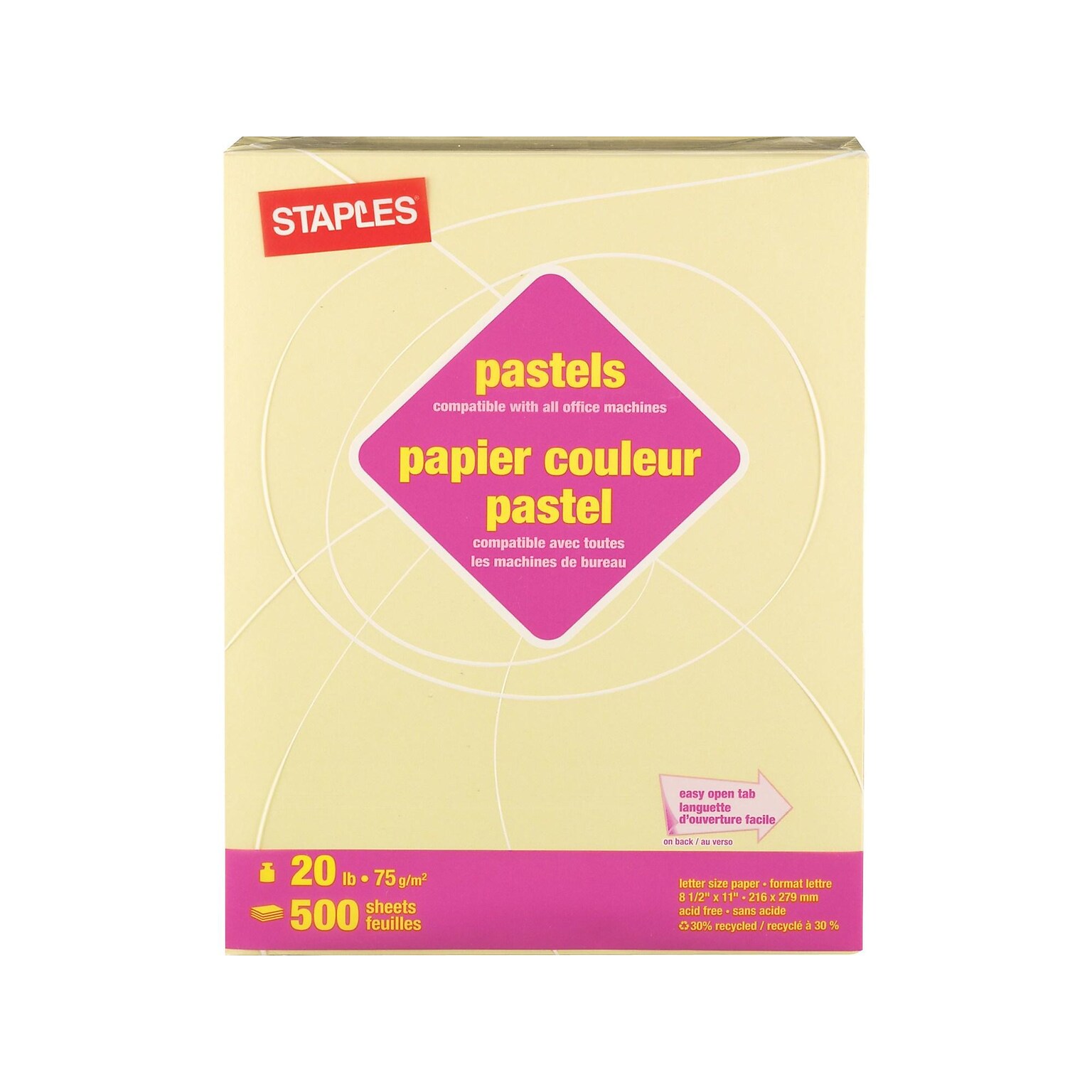 Staples Pastel 30% Recycled Colored Paper, 20 Lbs., 8.5 x 11, Canary, 5000/Carton (14787-AA)