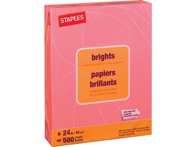 Staples Brights Multipurpose Colored Paper, 24 lb, 8.5" x 11", Pink, 500/Ream, 10 Reams/Carton (20106A)