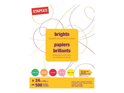 Staples® Brights Multipurpose Paper, 24 lbs., 8.5" x 11", Assorted Colors, 500/Ream (20200)