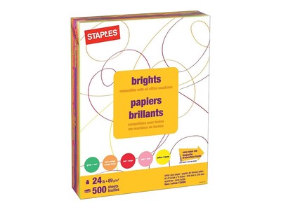 Staples® Brights Multipurpose Paper, 24 lbs., 8.5" x 11", Assorted Colors, 500/Ream (20200)