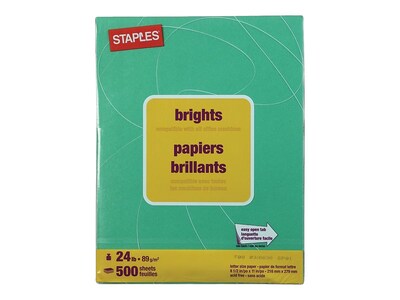 Staples® Brights Multipurpose Paper, 24 lbs., 8.5" x 11", Dark Green, 500/Ream (20103)