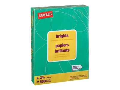Staples® Brights Multipurpose Paper, 24 lbs., 8.5" x 11", Dark Green, 500/Ream (20103)