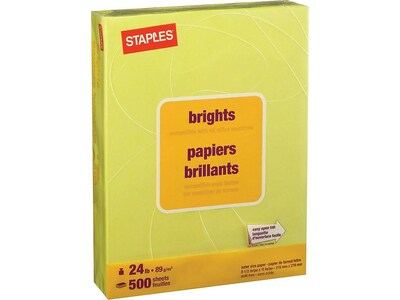 Staples® Brights Multipurpose Paper, 24 lbs., 8.5" x 11", Light Yellow, 500/Ream (20107)