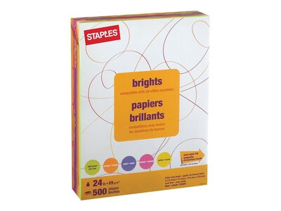 Staples Brights Multipurpose Colored Paper, 24 lbs., 8.5" x 11", Assorted Neon, 500/Ream (20201)